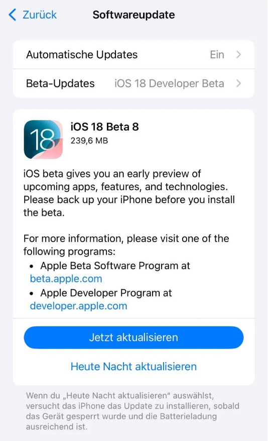 南乐苹果手机维修分享苹果 iOS / iPadOS 18 开发者预览版 Beta 8 发布 